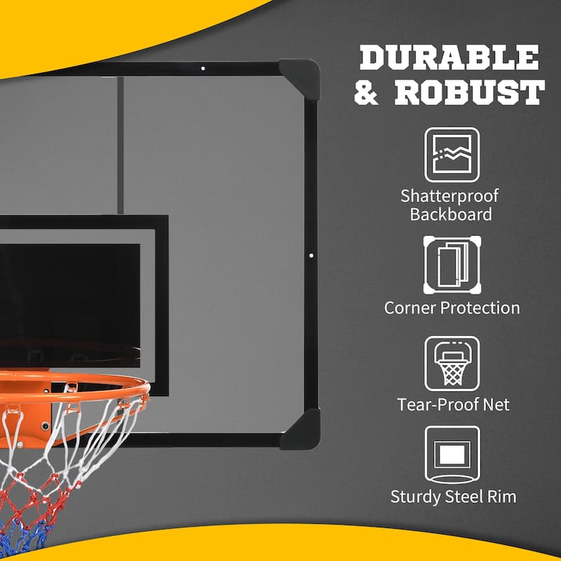 Wall Mounted Basketball Hoop with Shatterproof Backboard Steel Rim and Tear-Proof Net - 44.5" W x 24" D x 28.75" H