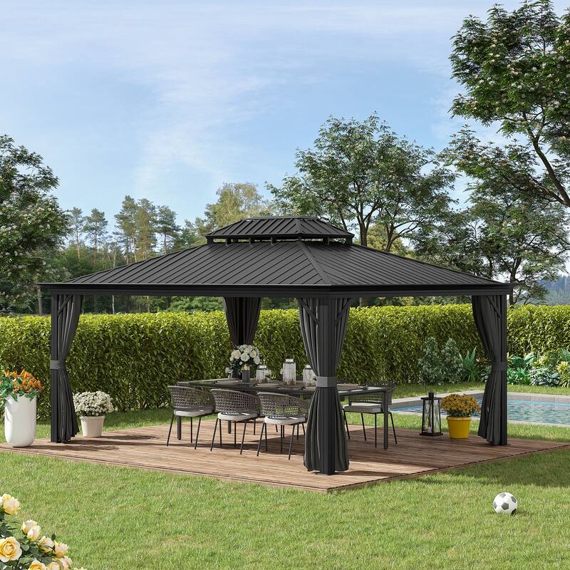 Outsunny 16' x 12' Hardtop Patio Gazebo Canopy Outdoor Pavilion with Galvanized Steel Frame, Netting Sidewalls, Curtains