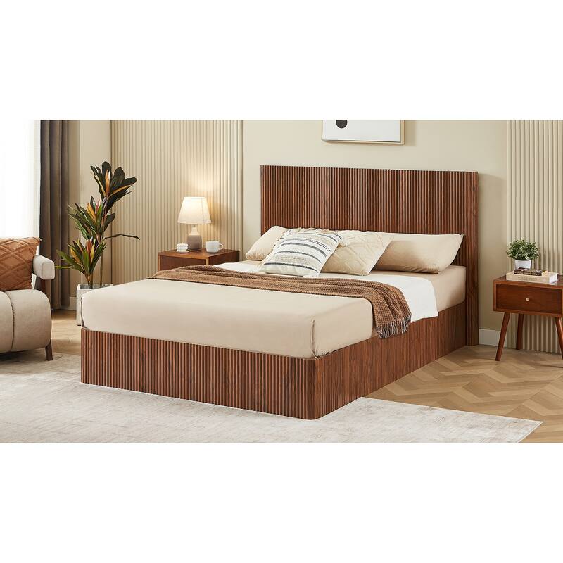 Queen-Sized Hydraulic Lift-Up Storage Bed Frame With Wooden Corrugated Curved Lines, No Box Spring Required‌