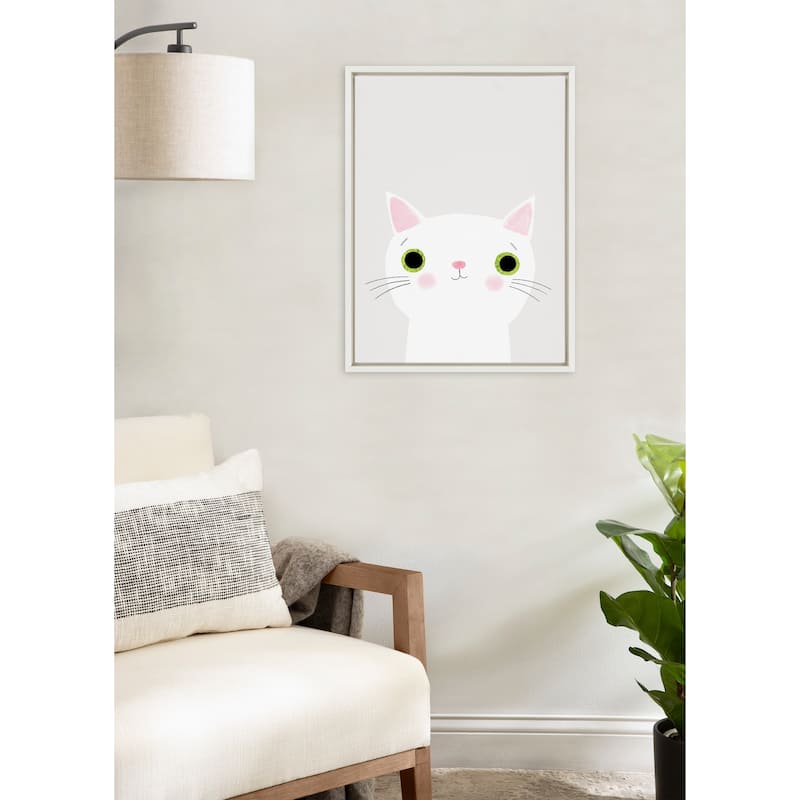 Kate and Laurel Sylvie White Cat with Green Eyes Framed Canvas by Planet Cat