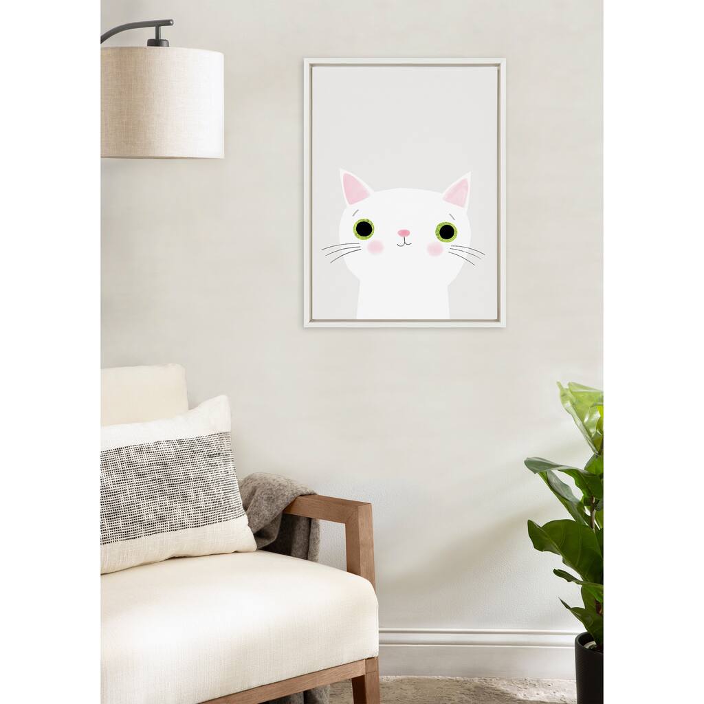 Kate and Laurel Sylvie White Cat with Green Eyes Framed Canvas by Planet Cat