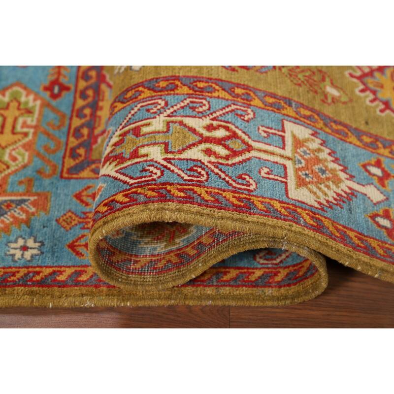 Kazak Accent Rug Handmade Yellow Geometric Wool Carpet - 3'4" x 4'10"