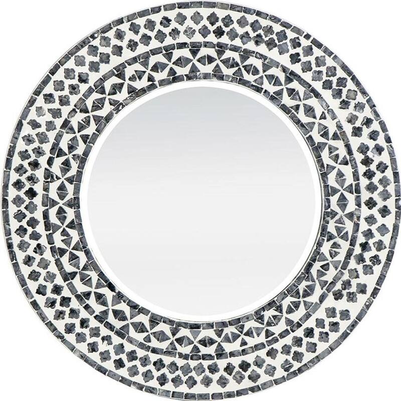 HomeRoots 24" Black And White Round Wood And Shell Framed Accent Mirror - 24' X '24' X '0.8