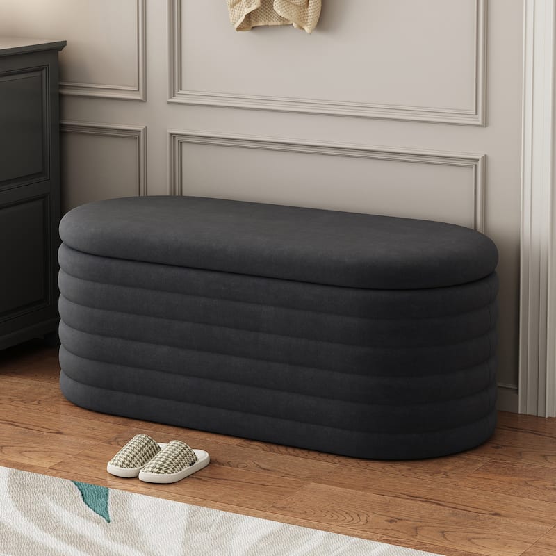 Ottoman Bench Upholstered Bench Fabric Black Storage Bench Simple End of Bed Stool with Safety Hinge - Black