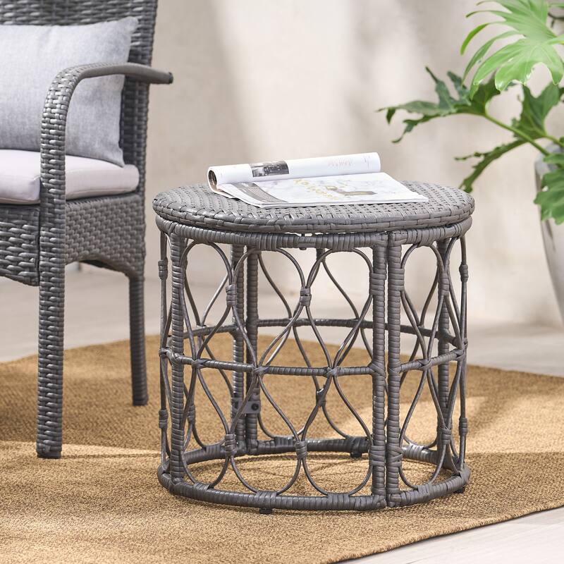Roomfitters Bruce Outdoor Wicker Side Table with Looped Design, Boho Patio Accent Table - Grey