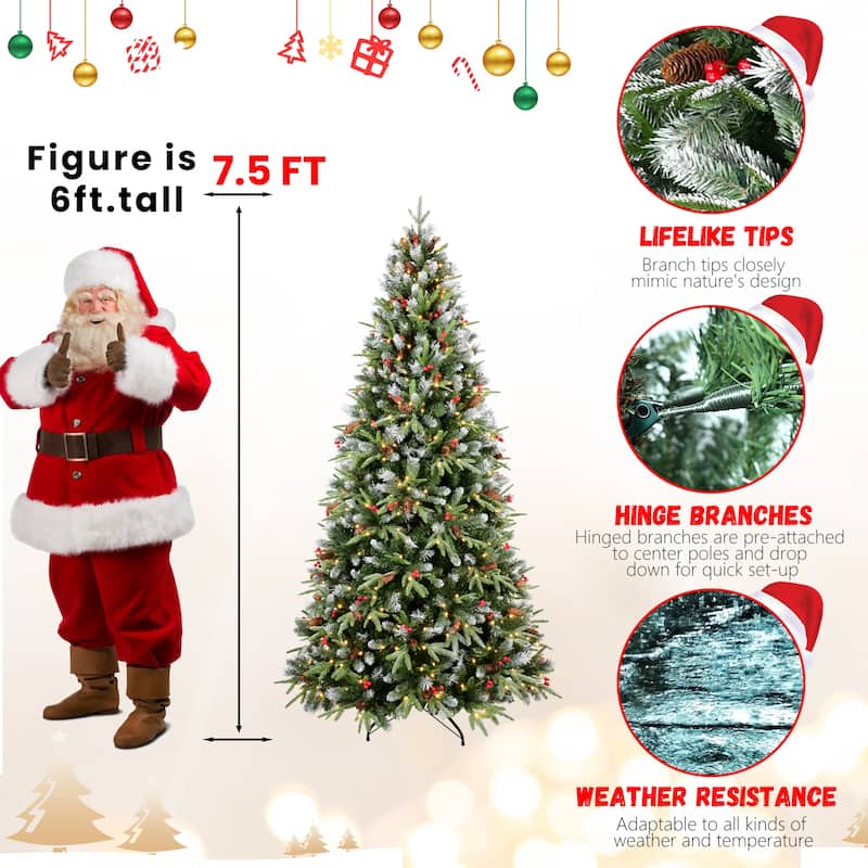 Pre-Lit Artificial Christmas Tree - Warm White LED Lights, Snow-Tipped Branches, Red Berries, Pine Cones, Metal Stand