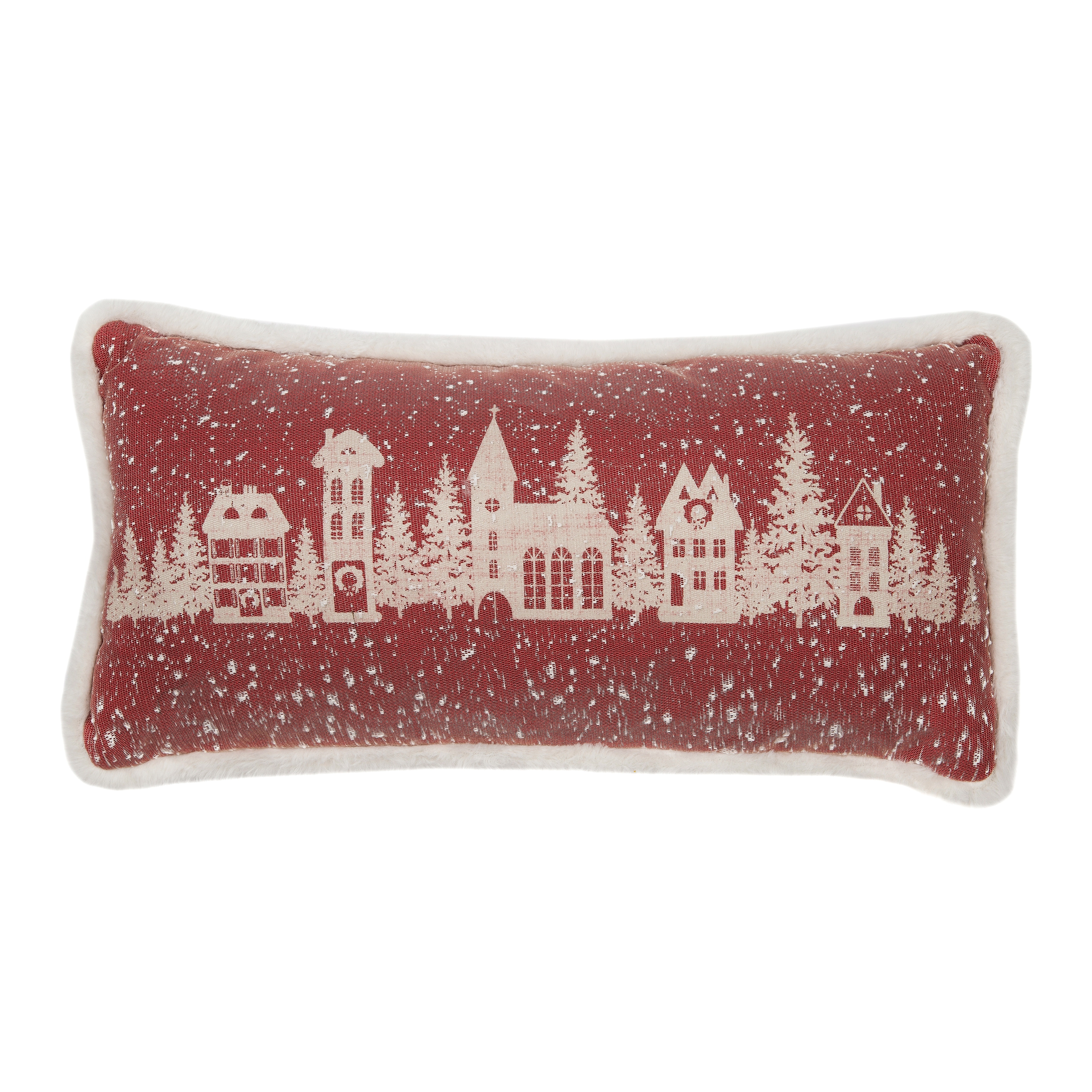 Snow Scene Printed Street View with Faux Fur Trim Christmas Pillow , 10 by 20-Inch