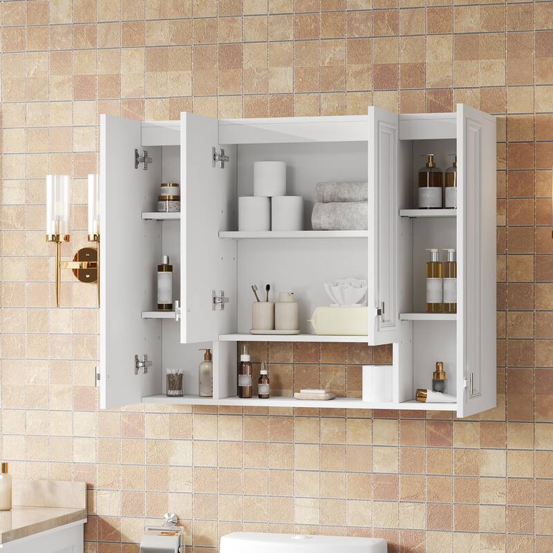 Roomfitters Wall Mounted Medicine Cabinet with 5 Adjustable Shelves, Modern Mirror Storage with Open Shelving, White