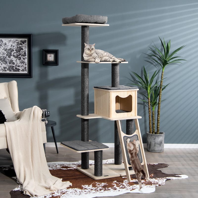 5-Tier Modern Wood Cat Tower with Washable Cushions-Grey