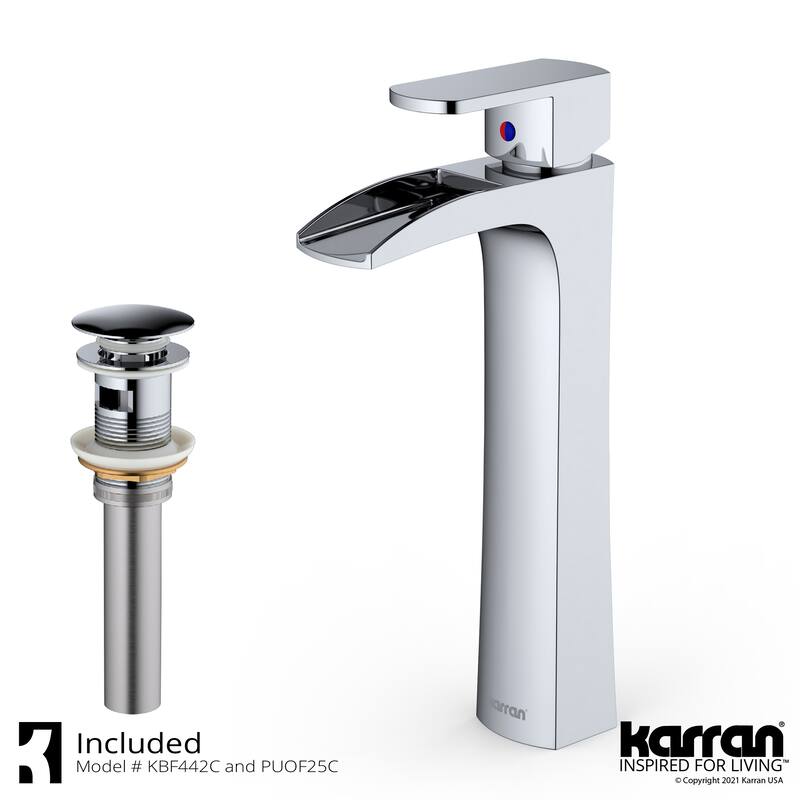 Karran Kassel Single Hole Single Handle Vessel Bathroom Faucet with Matching Pop-up Drain - Chrome