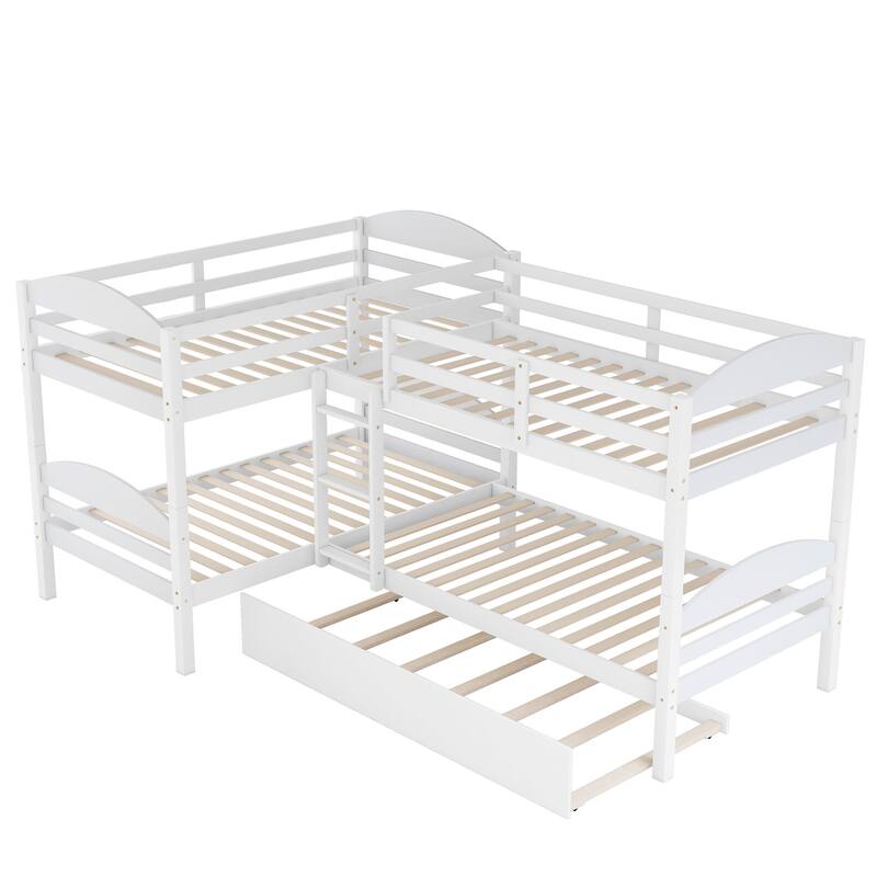 Twin Over Twin Triple Bunk Bed with Trundle Bed, L-Shaped Bunk Bed with Ladder, Wooden Bunkbed Frame for 4 Kids Boys Girls Teens