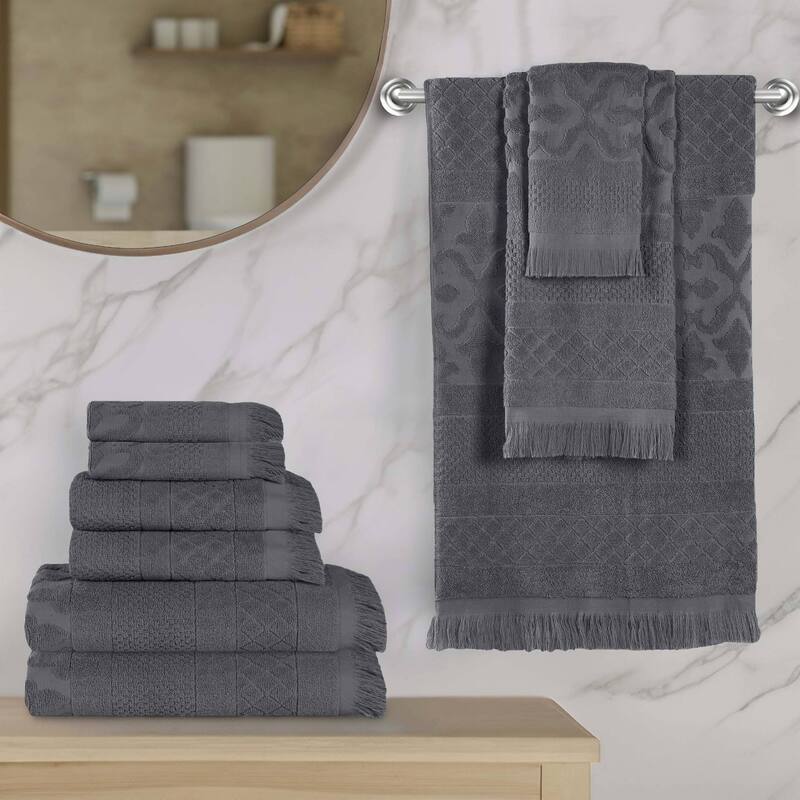 Superior Rolla Cotton Geometric Jacquard Plush Soft 9 Piece Towel Set - Grey