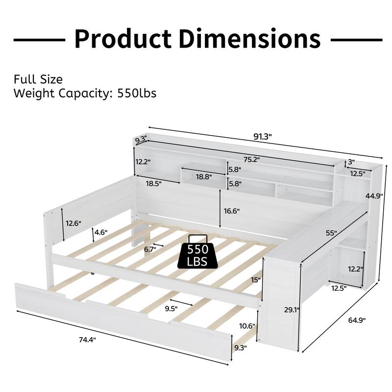 Full Size Daybed with Storage Shelves, Multi-Functional Bed with Twin Trundle and Built-In Study Desk, Space-Saving Design
