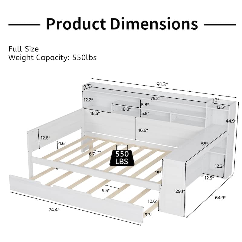 Multi-Layer Storage Headboards Wood Daybed Sofa Bed Frame, Wooden Slat Panel Bed with 2 Storage Drawers or Trundle Bed