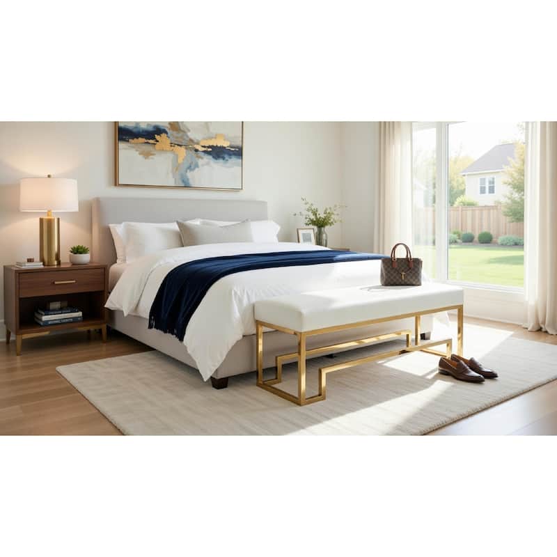 Rectangular Faux Leather Upholstered Bench with Stainless Steel Base, White and Gold