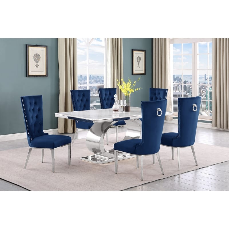 Best Quality Furniture D430/1-SC330-7 Dining Set with 68" White Marble Top - 7-Piece - Navy Blue / Silver