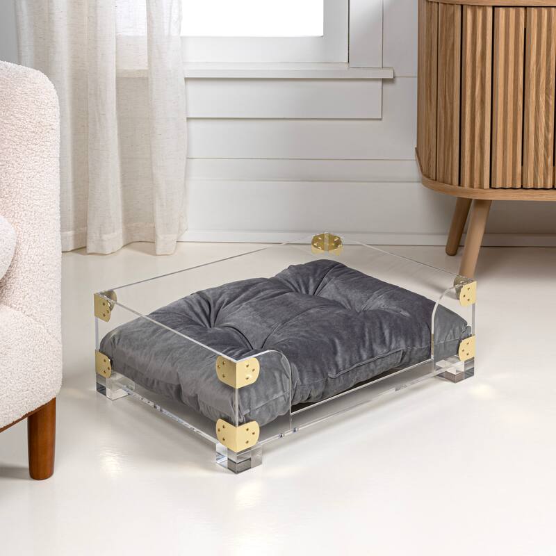 Haines 21.5" x 15.25" Small/Medium Modern Lucite Velvet Pet Bed with Washable Cushion, Dark Gray/Clear