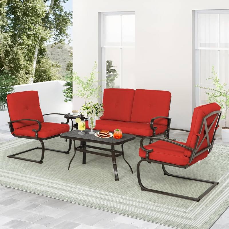 SUNCROWN 5-Piece Outdoor Patio Furniture Conversation Set, Garden Bench and 2 Spring chair with 2 Coffee Table - Red