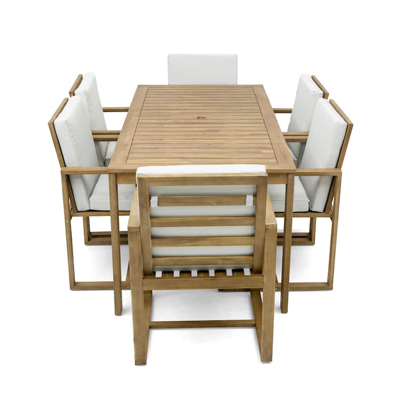 7-Piece Outdoor Patio Acacia Wood Dining Set with Umbrella Hole and 6 Cushioned Armchairs