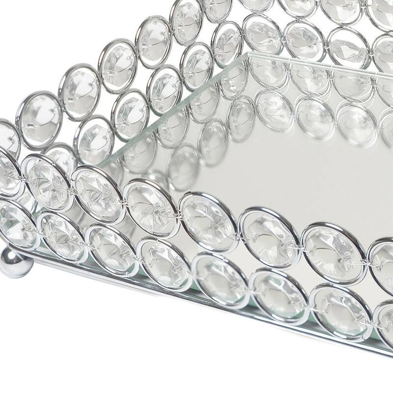 HomeRoots 11" Silver And Clear Faux Crystal Metal And Mirrored Glass Vanity Tray - 10.50 in. x 2.25 in. x 6.25 in.