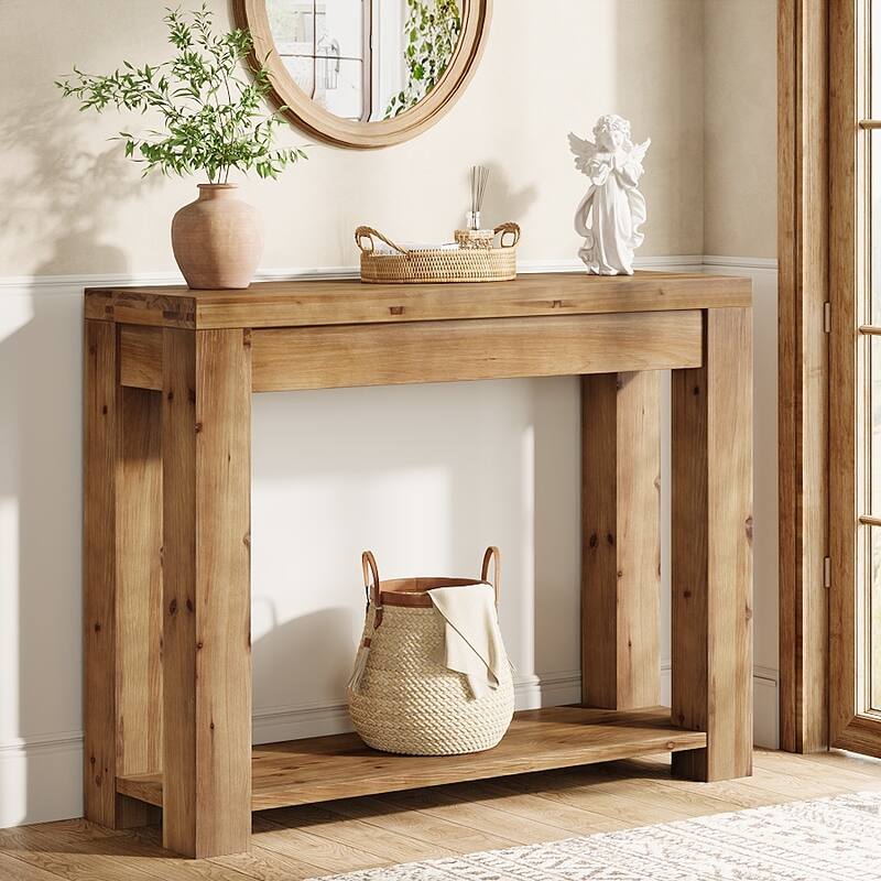 43.3" Solid Wood Console Table with 2-Tier Storage, Entryway or Sofa Table