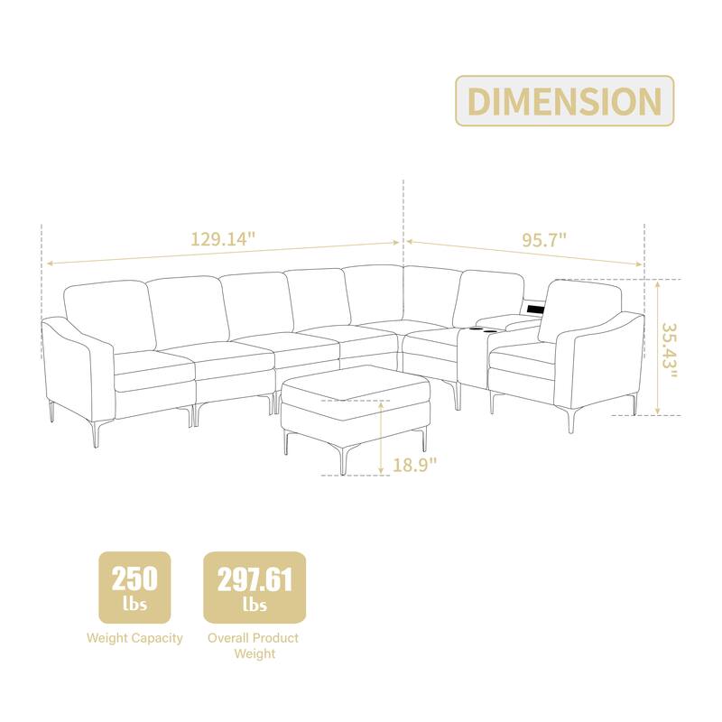 129.14" Corduroy 6-Piece Modular Sectional Sofa with Storage Ottoman, USB Charging and Cup Holders