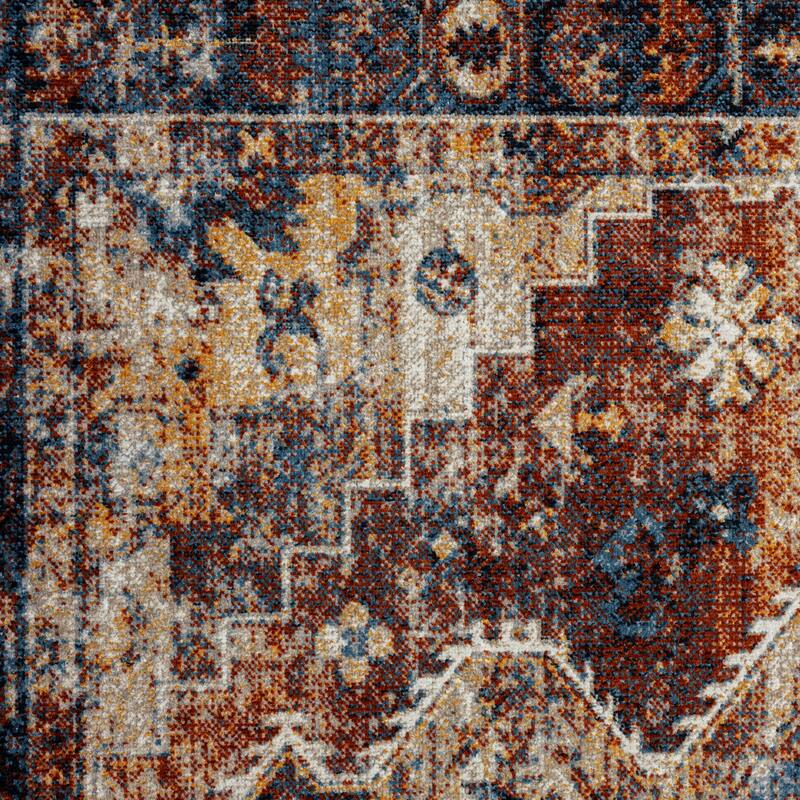 Sevita Distressed Bordered Blue Orange Medallion Machine-Washable Rug