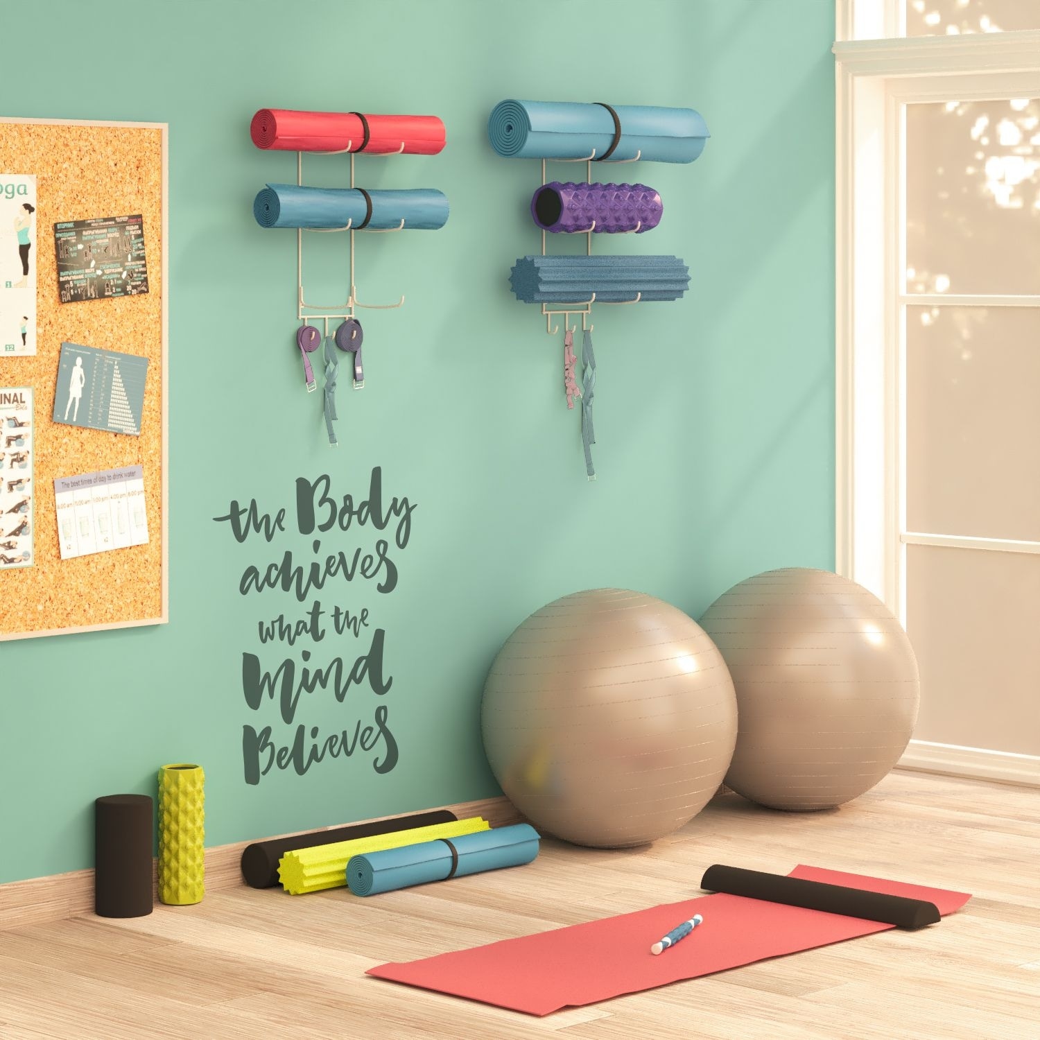 Wall Mount Yoga Mat Holder and Foam Roller Rack with 3 Hanging