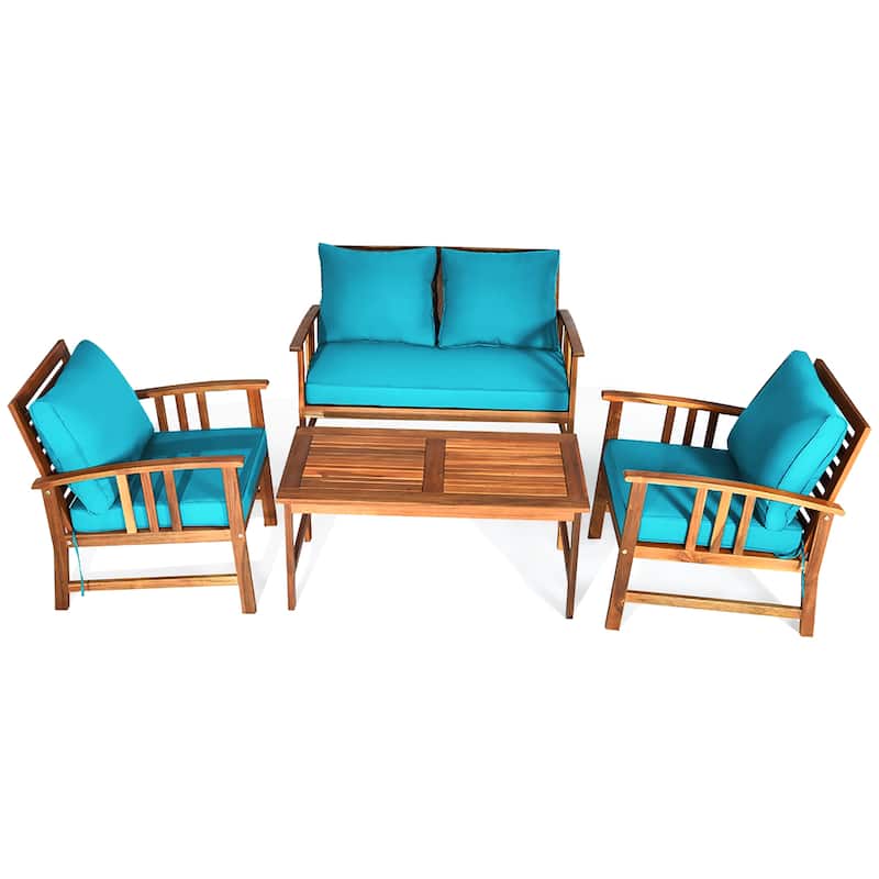 Costway 4PCS Wooden Patio Furniture Set Table Sofa Chair Cushioned