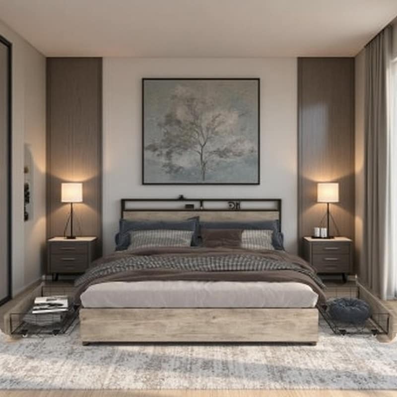 Full Size Bed Frame with Storage Headboard, Built-In Charging Station, LED Light Strips & Noise-Free Construction