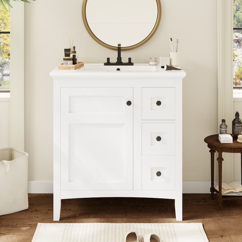 Modern Simple Bathroom Cabinet Freestanding Bathroom Vanity with Ceramic Sink, Tip-out Drawer, 2 Drawers and Side Door Organizer
