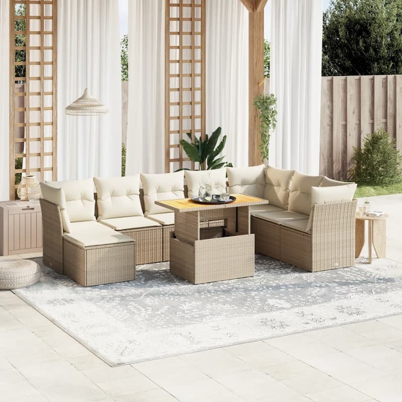 vidaXL Patio Sofa Set with Cushions Outdoor Furniture 9 Piece Poly Rattan - 21.7 x 39.4 x 28.7 in - Beige and cream