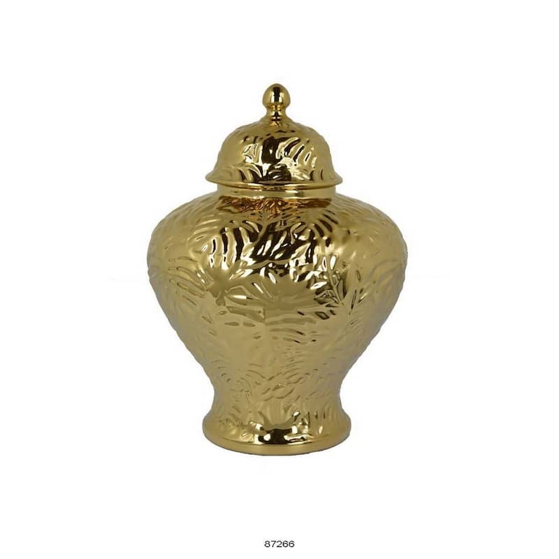 Aniea 18 Inch Accent Temple Jar, Geometric Design, Dome Lid, Gold Ceramic