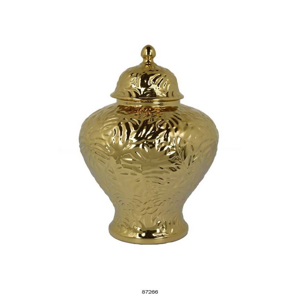 Aniea 18 Inch Accent Temple Jar, Geometric Design, Dome Lid, Gold Ceramic