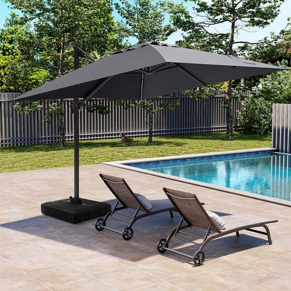 cantilever patio umbrella with base weight Rolling Stand Refillable HDPE Reservoirs Heavy Duty Setup That Keeps It Steady In Wind 253 To 363 Lb It rotates 360 and adjusts in six positions for customizable shade Outsunny Cantilever Umbrella Base 175