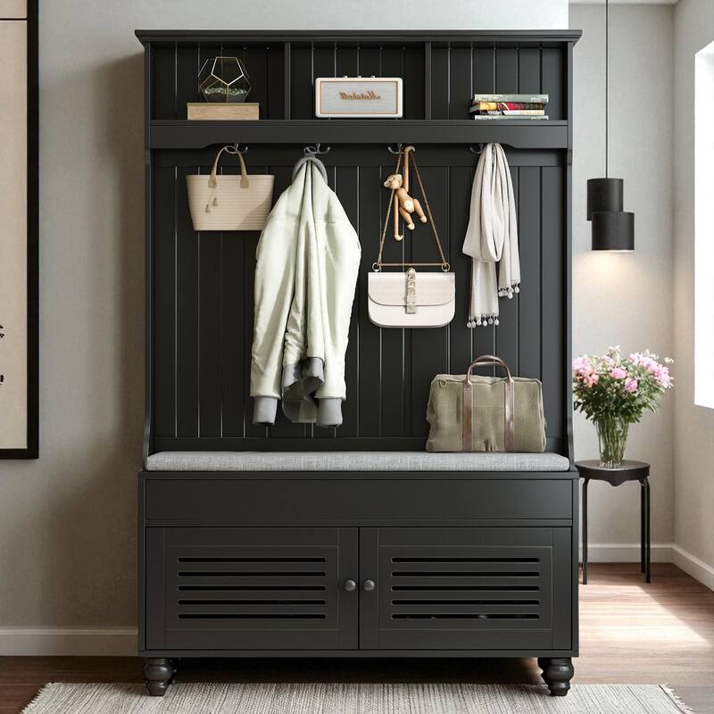 47.2" Hall Tree with Cushion Bench, 4 Hooks & Shutter-Style Doors, Entryway Coat Rack and Shoe Storage - Black