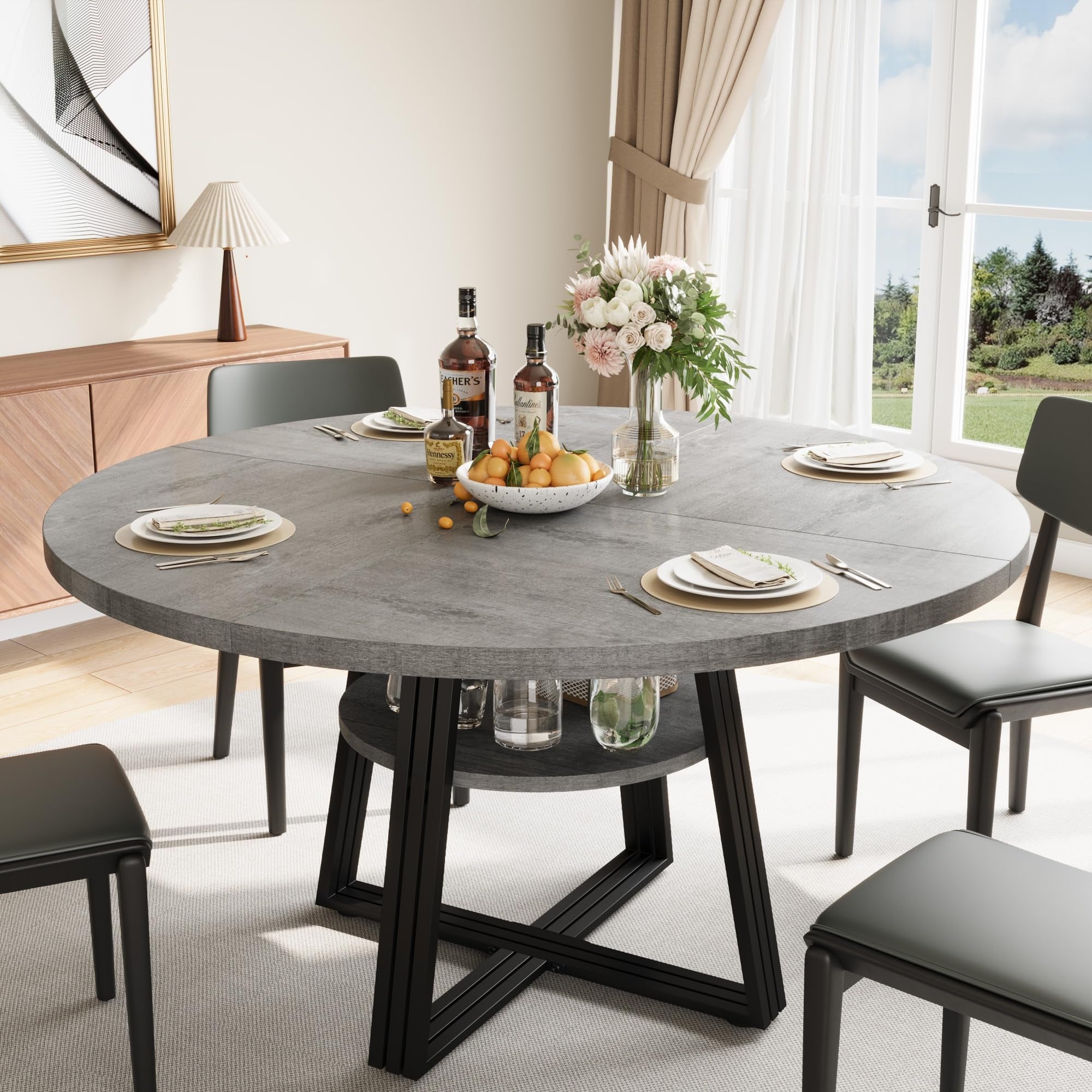 Round Dining Table for 4-6, 47" Kitchen Table with Storage Shelf