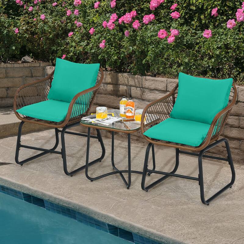 Costway 3PCS Patio Rattan Bistro Set Cushioned Chair Glass Table Deck - See Details