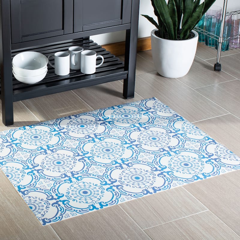 SAFAVIEH Vinyl Floor Mirsade Rug - 2'6" x 6'7" Runner - Blue/Ivory