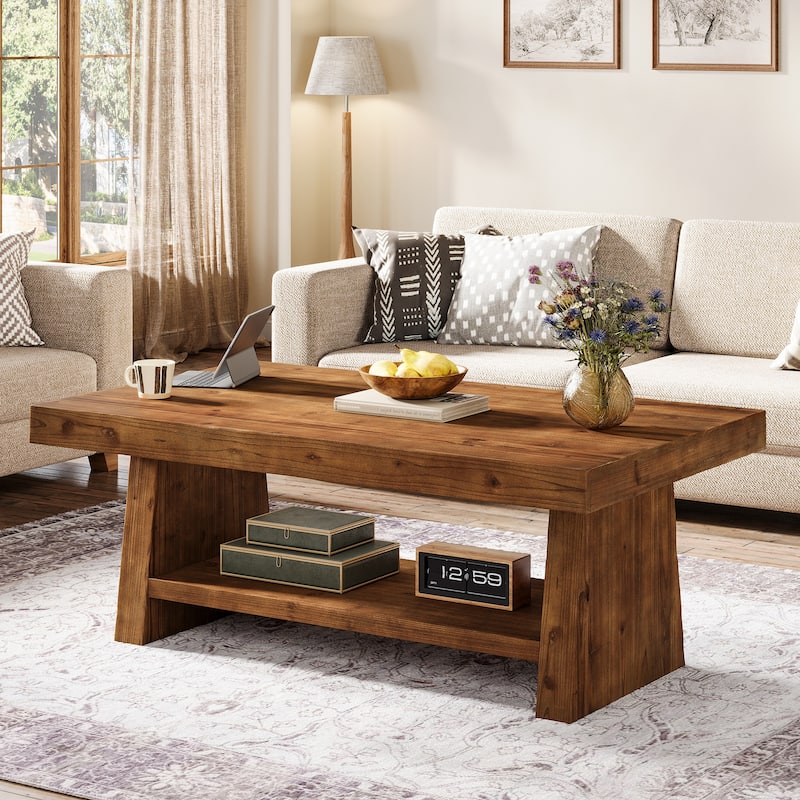 2 Tier Solid Wood Coffee Table for Living Room, 47 Inch Rectangular Center Table with Storage Shelves
