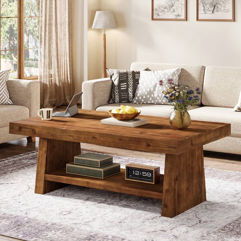 2-Tier Solid Wood Coffee Table for Living Room, Farmhouse Style - Brown