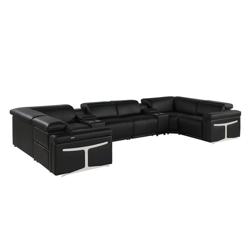 HomeRoots Black Italian Leather Power Reclining U Shaped Eight Piece Corner Sectional With Console