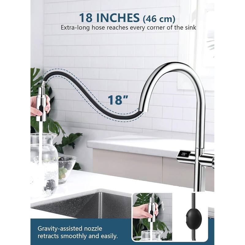 Lefton Touchless Pull-Out Kitchen Faucet, Hands Free Motion Sensor Activated, Battery-Free Temperature Display, KF2206
