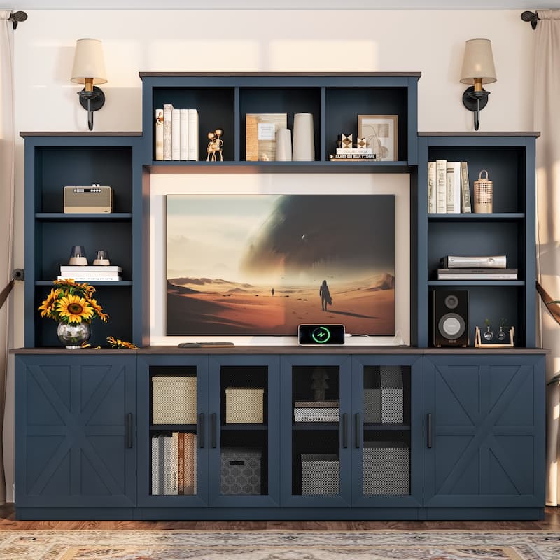 87.6" Wall Unit Entertainment Center Wood TV Stand with USB Charging, Media Console with Cabinets, Large Storage TV Cabinet