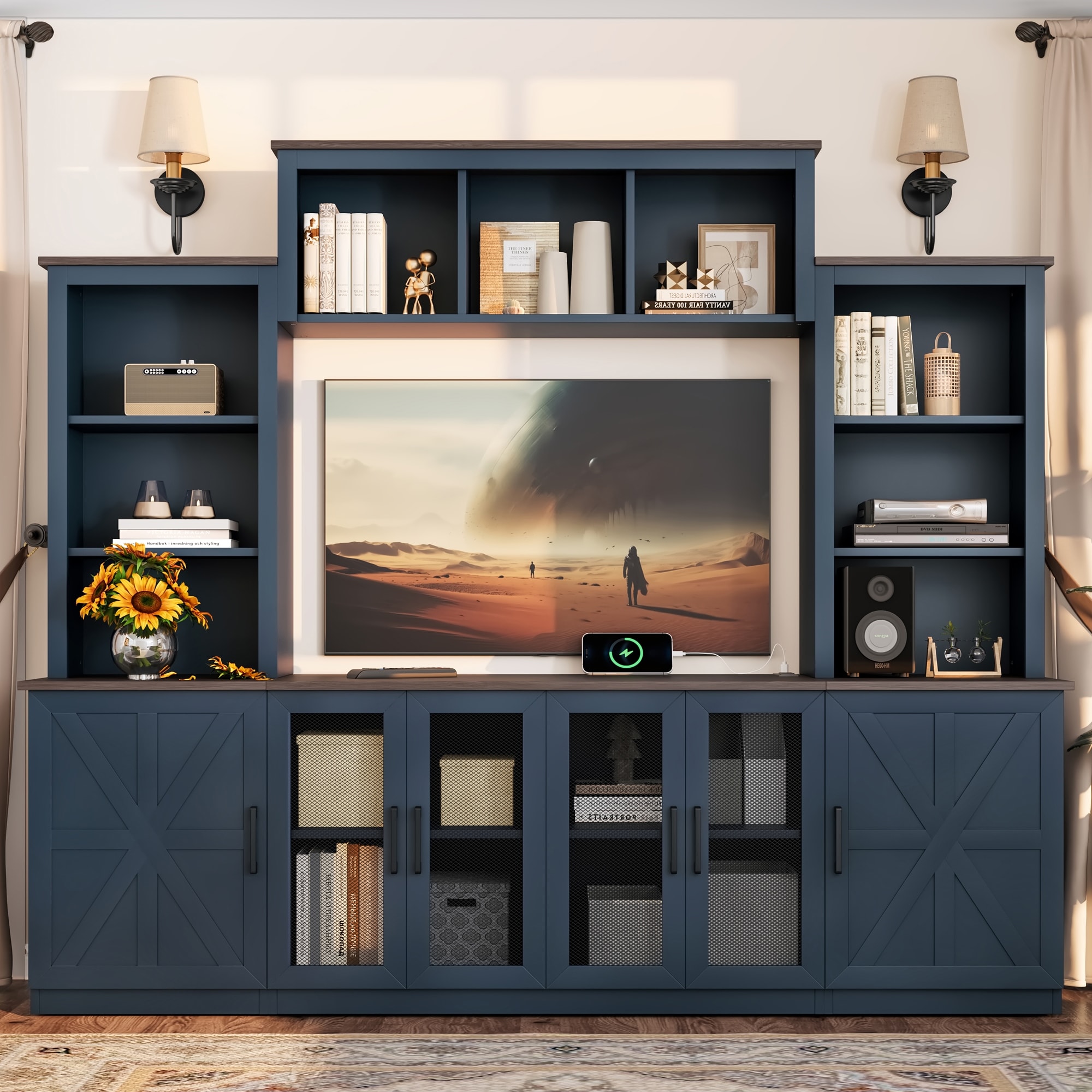 Modern 87.6" Wall Unit Entertainment Center with Bookshelves for TVs up to 55", TV Stand Media Console with Charging Station