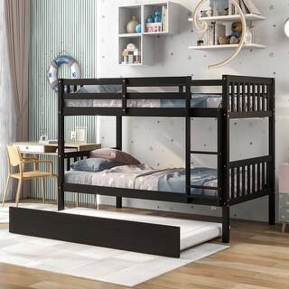 Espresso Twin over Twin Solid Wood Bunk Beds with Trundle, Safety Rail and Ladder, Can Be Converted into 2 Beds
