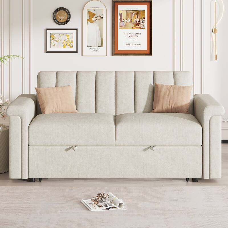 2-in-1 Loveseat Sleeper Recliner Sofa, Convertible Lounge Couch Pull Out Sofa Bed with Vertical Striped Backrest - Beige