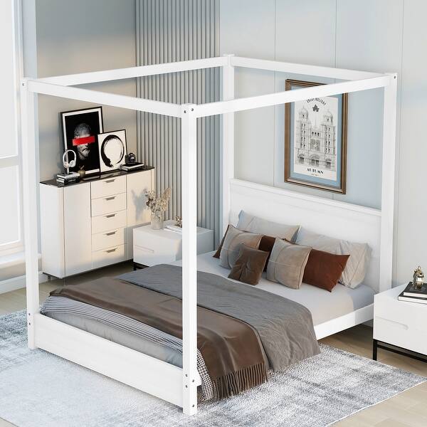 slide 2 of 18, Modern Queen/Full Canopy Platform Bed with Headboard - Solid Pine Construction Queen White