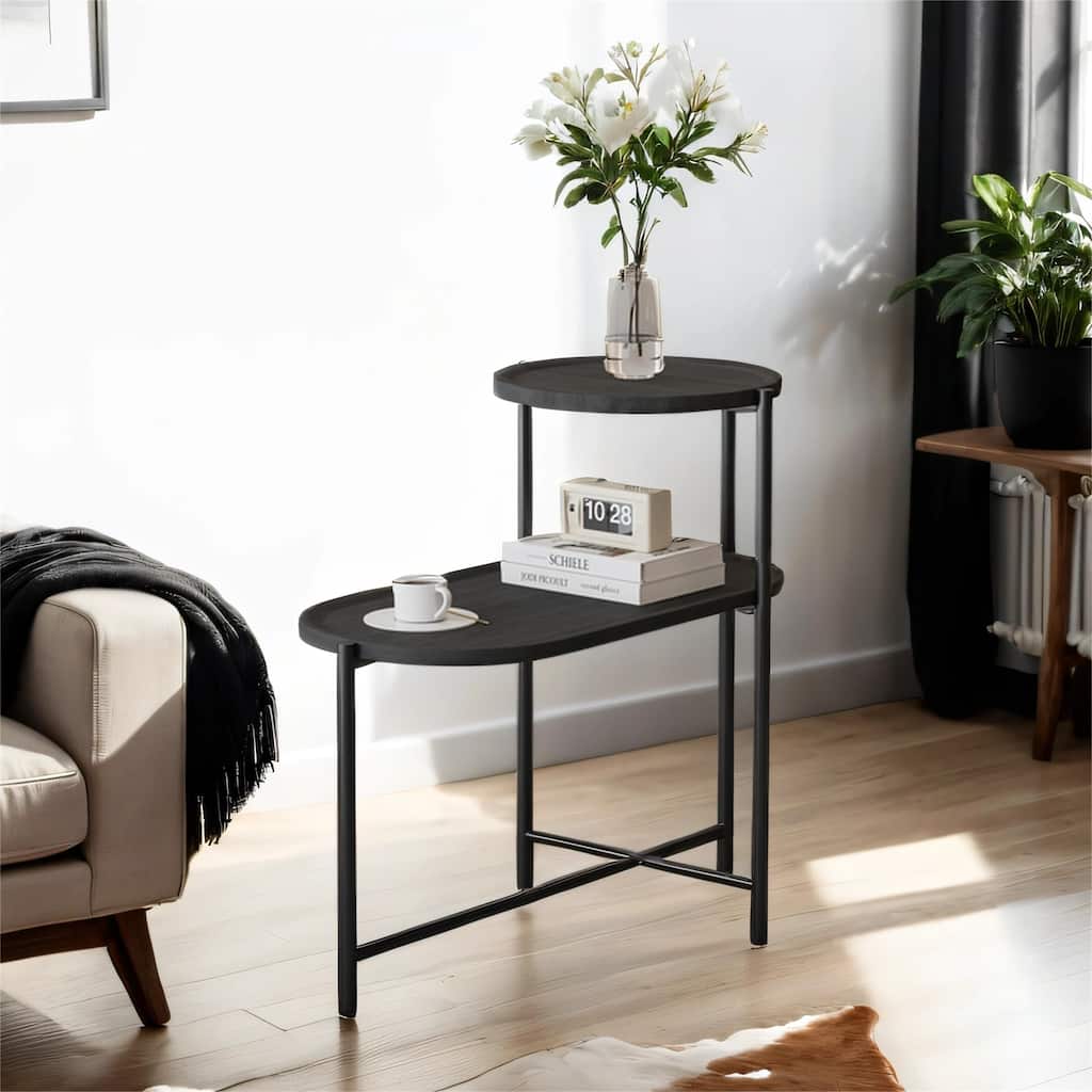 Round Coffee Table with Storage Tray, 2 Tier Wooden Oval End Tables