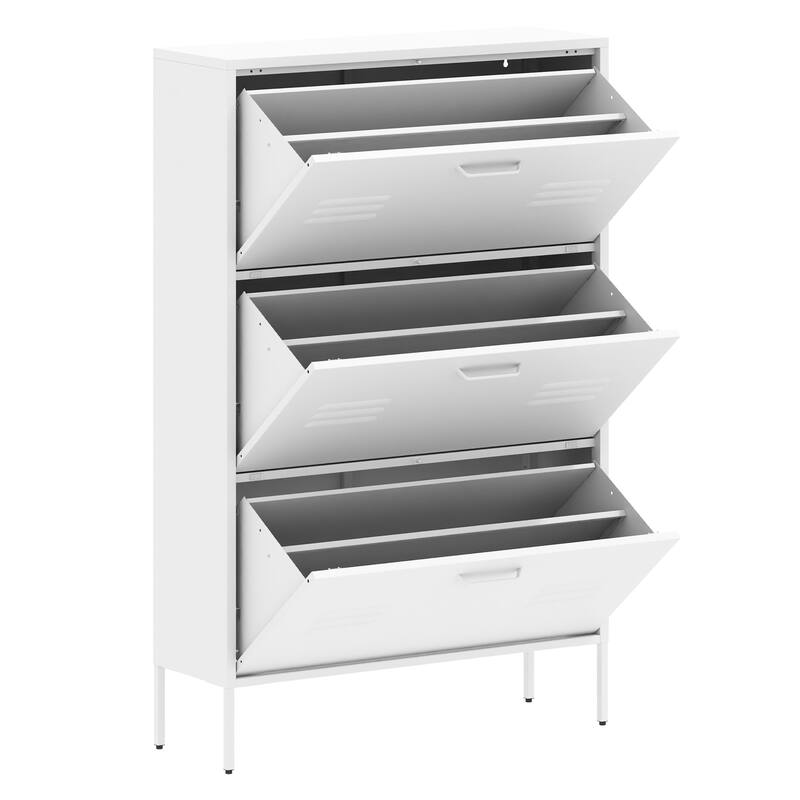 Shoe Cabinet with 3 Flip Drawers, Hidden Slim Steel Shoe Storage Cabinet, Narrow Shoe Rack Cabinet with Metal Legs